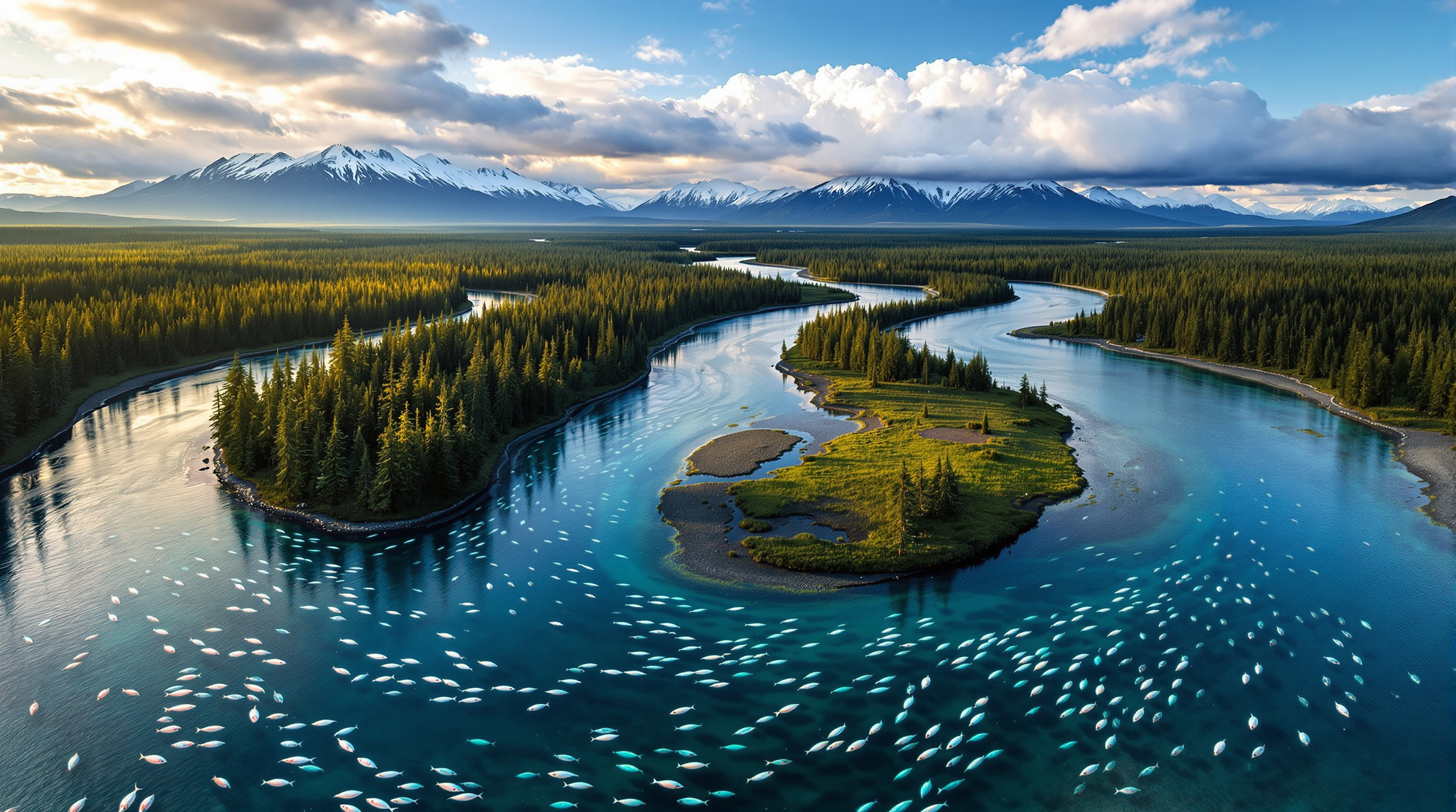 Pristine Alaska river with wild salmon